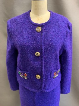 NL, Purple, Blue, Wool, 2 Color Weave, Single Breasted, B.F., Gold Buttons, 2 Pckts, Green, Purple, & Red Gem Stones On Pockets, Silver Tear Drop Trim