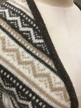 TIROL, Beige, Brown, Cream, Wool, Stripes - Diagonal , Zig-Zag , Knit, Open Center Front W/No Closures, Cropped Length,