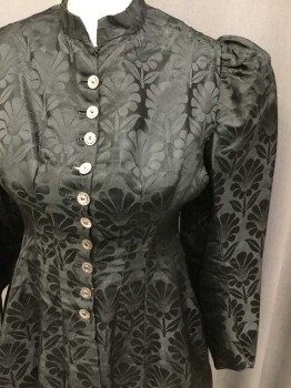 MTO, Black, Silk, Floral, Made To Order, Silk Jacquard, 11 Facetted Pearl Buttons Center Front with Snaps, Long Sleeves, Band Collar,