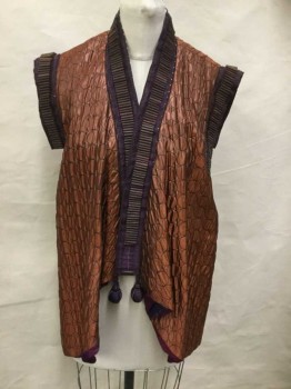 M.T.O., Rust Orange, Black, Brown, Silk, Cotton, Circles, Aubergine Burlap Lapel and Cap Sleeves with Brown Dowel Pieces, 2 Silk Chinese Balls Dangling From Left Side Lapel, Purple Stripe Silk/Cotton Interior, One Snap Closure