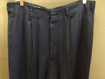 N/L, Navy Blue, Rayon, Wool, Solid, Zip Front, Double Pleats, No Waistband, Belt Loops, Cuffs, 4 Pockets, Crotch Gussets, These Pants Have Been Pressed a Lot