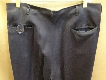 N/L, Navy Blue, Rayon, Wool, Solid, Zip Front, Double Pleats, No Waistband, Belt Loops, Cuffs, 4 Pockets, Crotch Gussets, These Pants Have Been Pressed a Lot