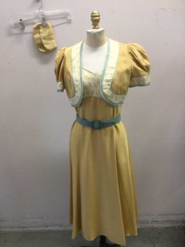 N/L, Lt Yellow, Mustard Yellow, Sage Green, Cream, Beige, Silk, Floral, Solid, Dress, Light Yellow with Beige/Sage/Yellow Floral Pattern Top/Bodice, Puffy/Gathered Short Sleeves, Sweetheart Bust, Empire Waist, Sage Green Trim, Solid Mustard Skirt/Bottom Portion, Hem Mid-calf, Invisible Zipper at Center Back, Made To Order Reproduction ***Set Contains Non Coded Belt and Purse - Belt is Sage/Light Green Suede with Plastic Buckle, Purse is Light YellowCotton Clutch with Light Yellow Delicate Floral Embroidered Appliqué, Double, See FC015400
