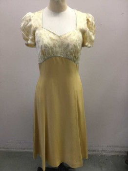 N/L, Lt Yellow, Mustard Yellow, Sage Green, Cream, Beige, Silk, Floral, Solid, Dress, Light Yellow with Beige/Sage/Yellow Floral Pattern Top/Bodice, Puffy/Gathered Short Sleeves, Sweetheart Bust, Empire Waist, Sage Green Trim, Solid Mustard Skirt/Bottom Portion, Hem Mid-calf, Invisible Zipper at Center Back, Made To Order Reproduction ***Set Contains Non Coded Belt and Purse - Belt is Sage/Light Green Suede with Plastic Buckle, Purse is Light YellowCotton Clutch with Light Yellow Delicate Floral Embroidered Appliqué, Double, See FC015400