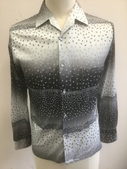 N/L, Gray, Black, White, Polyester, Geometric, Tiny Tea Drops, Arrows, and Dots Pattern, Long Sleeve Button Front, Collar Attached, 2 Patch Pocket, Disco Shirt