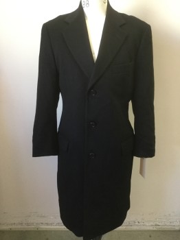 BARNEYS NY, Black, Cashmere, Solid, 3 Buttons,  Notched Lapel, Full Length, 3 Pockets,