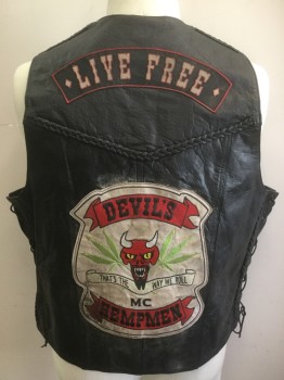 UNIK LEATHER APPAREL, Black, Leather, Solid, Novelty Pattern, 4 Black Snaps, 2 Pockets with Braided Leather, Lace Up Sides, Patches of "Love Machine, 420, LTD, Live Free", Modeled on a 44, Motorcycle
