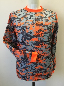 VIZARI, Orange, Dk Gray, Gray, Polyester, Camouflage, SOCCER GOALIE, Tech Camo, Raglan Long Sleeves, Padding on Forearm, Solid Orange Ribbed Knit Collar/Cuff ***remnants of Top Stick on Right Shoulder Sleeve***