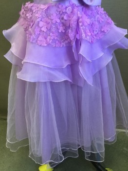 AI MENG BABY, Lavender Purple, Orchid Purple, Polyester, Solid, Floral, Round Neck,  Lavender with Lavender Floral Lace with Cut-our Orchid Flower Attached, Sleeveless, Huge Solid Lavender Bow Tie & Belt, 2 Layers Ruffles & Sheer Lavender Fishnet Over Skirt, Zip Front,