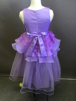 AI MENG BABY, Lavender Purple, Orchid Purple, Polyester, Solid, Floral, Round Neck,  Lavender with Lavender Floral Lace with Cut-our Orchid Flower Attached, Sleeveless, Huge Solid Lavender Bow Tie & Belt, 2 Layers Ruffles & Sheer Lavender Fishnet Over Skirt, Zip Front,