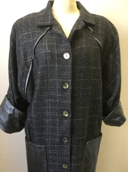 TAN-GOUGH, Black, Charcoal Gray, White, Wool, Viscose, Tweed, Plaid-  Windowpane, 8  Buttons, Leather Details 2 Patch Pockets, Cuffs, and Piping, Notched Lapel, Long Coat, Short Sleeves,