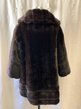 LEPSHIRE, Chocolate Brown, Faux Fur, Solid, Textured Stripes, 2 Hook & Eyes Front, Oversized Collar, Long Sleeves