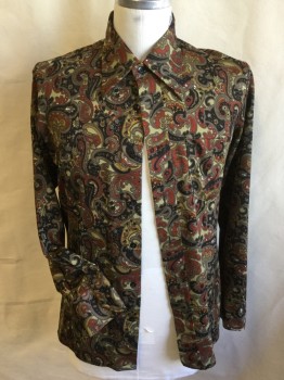 NEW CONSTELLATIONS, Khaki Brown, Black, Dk Orange, Taupe, Mustard Yellow, Polyester, Paisley/Swirls, Collar Attached, Button Front, 1 Pocket, Long Sleeves,