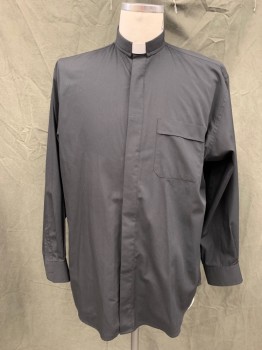CHURCH WEAR, Black, White, Poly/Cotton, Solid, Button Front with Hidden Placket, Long Sleeves, Collar Attached Tacked Down, 1 Pocket, White Plastic Collar, Priest, Clergy