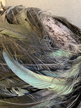 CARLOS PAVIAN, Black, Iridescent Green, Feathers, Wide Brim Picture Hat Covered in Coque and Egret Feathers, Base is Black Velvet, Flat Crown, Made To Order