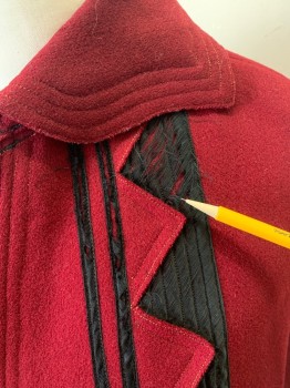 N/L, Red, Black, Wool, Silk, Color Blocking, Zig-Zag , Boiled Wool, Trio Top Stitch, Black Silk is Worn and Shredding See Detail Photo, High Collar, Hooks & Thread Loops, Victorian