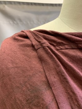 N/L MTO, Red Burgundy, Linen, Solid, Open at Front with Twisted Fabric at Neck, Floor Length, Black Twill Ties Attached Inside, Made To Order, Lightly Aged
