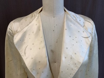 BLUE BEARDS, Ivory White, Synthetic, Stars, Satin With Faded Glitter Stars & Crecent Moons Print, 2 Bttns, Clover Lapel, 2 Patch Pockets, Can Be Let Out Under The Arm.
