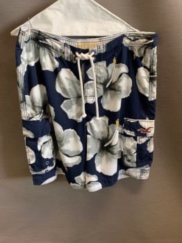HOLLISTER, Navy Blue, White, Gray, Polyester, Floral, Elastic Waist, Velcro Front, Drawstring, 2 Cargo Pockets At Thighs, 1 Back Pocket