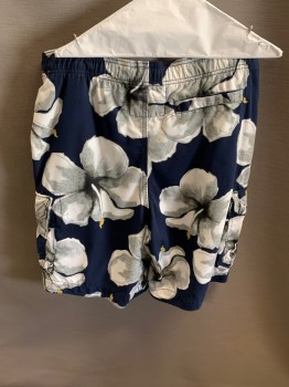 HOLLISTER, Navy Blue, White, Gray, Polyester, Floral, Elastic Waist, Velcro Front, Drawstring, 2 Cargo Pockets At Thighs, 1 Back Pocket