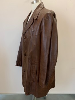 NO LABEL, Brown, Leather, Solid, L/S, B.F., Peaked Lapel, Side Pockets, CB Vent