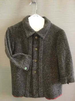 N/L, Brown, Black, Tan Brown, Cream, Wool, Acetate, Speckled, 4 Button Center Front, Collar Attached, Pleat Detail at Front
