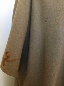 N/L, Lt Brown, Rust Orange, Wool, Cotton, Solid, Floral, Velveteen Shawl Collar, Hook & Eyes Close, Long, 1/2 Sleeve, Lined, Embroidered Edges, Lined, Moth Holes