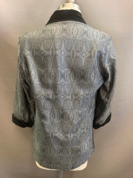 BERGDORF GOODMAN, Gray, Black, Silk, Paisley/Swirls, Brocade, Black Velvet Shawl Lapel, Double Breasted, Button Front, 3 Pockets, Braided Cord Piping on Lapel, Pockets & Cuffs