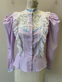 N/L, Pink, Periwinkle Blue, White, Cotton, Stripes, Long Leg O'Mutton Sleeves, Button Front, Stand Collar, White Lace Panel at Neck and Shoulders, Lace Trim at Wrists, is Actually an 80's Blouse That Looks Victorian