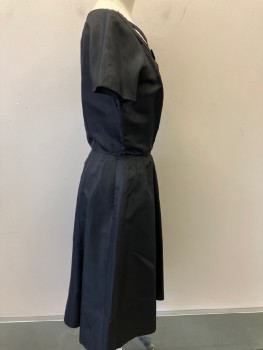 LEONARD ARKIN, Black, Silk, Solid, S/S, Scoop Neck, With CF 2 Bow Detail See Photo, Darts At Skirt . Side Zipper