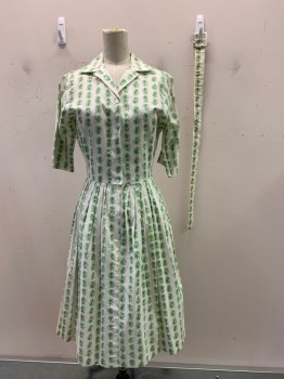 Laura Mae, Lime Green, Off White, Black, Cotton, Polyester, Floral, S/S, Button Front, Collar Attached, Pleated,