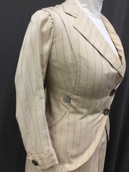 TULLINS, Ivory White, Navy Blue, Linen, Stripes - Vertical , Plain Weave Linen, Dotted Vertical Stripes, 2 Pearl Buttons, Notched Lapel, Condition Good,