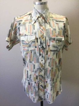 H BAR C RANCHWEAR, Cream, Lemon Yellow, Peach Orange, Gray, Charcoal Gray, Polyester, Abstract , Western Style., Short Sleeves, Collar Attached, 2 Snap Down Pocket Flaps, Snap Front Closure