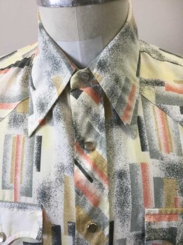 H BAR C RANCHWEAR, Cream, Lemon Yellow, Peach Orange, Gray, Charcoal Gray, Polyester, Abstract , Western Style., Short Sleeves, Collar Attached, 2 Snap Down Pocket Flaps, Snap Front Closure