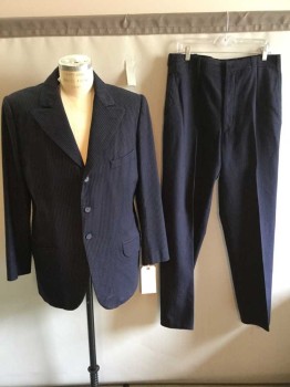 NO LABEL, Navy Blue, Lt Gray, Wool, Stripes - Pin, 3 Button Closure, Peak Rounded Lapel, 3 Pockets, Back Of Collar Ripping At Seam,