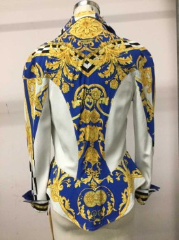 CACHE, Royal Blue, Yellow, Black, White, Rayon, Print, Geometric, Zip Front Off Center, Wide Notched Lapel, Black & White Rectangles, Versace Style, Gold Chain Details At Waist, Peplum,