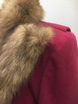 PRINCESS JUNIORS , Raspberry Pink, Brown, Wool, Fur, Solid, Raspberry Solid Wool, with Brown Mink Fur Collar and Front Opening to Hem, Knee Length, 1 Hook & Eye Closure at Front, 2 Welt Pockets at Sides, Raspberry Silk Lining,