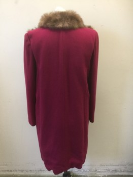 PRINCESS JUNIORS , Raspberry Pink, Brown, Wool, Fur, Solid, Raspberry Solid Wool, with Brown Mink Fur Collar and Front Opening to Hem, Knee Length, 1 Hook & Eye Closure at Front, 2 Welt Pockets at Sides, Raspberry Silk Lining,