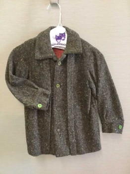 N/L, Brown, Black, Tan Brown, Cream, Wool, Acetate, Speckled, 4 Button Front Single Breasted, Collar Attached, Pleat Detail at Front