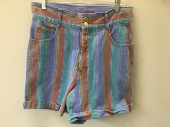 SQUEEZE, Multi-color, Purple, Teal Green, Rust Orange, Mustard Yellow, Cotton, Stripes - Vertical , Multicolor Vertical Striped Denim, Zip Fly with 2 Button Closure at Waist, High Waist, 5 Pockets, 2.5" Self Waistband, Rolled Cuff Hems, 5" Inseam,