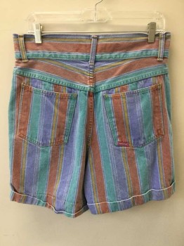 SQUEEZE, Multi-color, Purple, Teal Green, Rust Orange, Mustard Yellow, Cotton, Stripes - Vertical , Multicolor Vertical Striped Denim, Zip Fly with 2 Button Closure at Waist, High Waist, 5 Pockets, 2.5" Self Waistband, Rolled Cuff Hems, 5" Inseam,