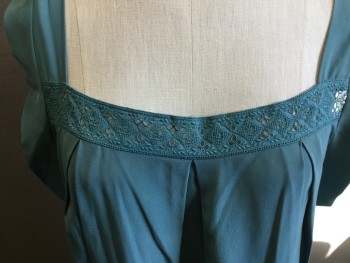 N/L, Sea Foam Green, Silk, Solid, Sleeveless, Pull Over, Lace Trim, Squared Neck