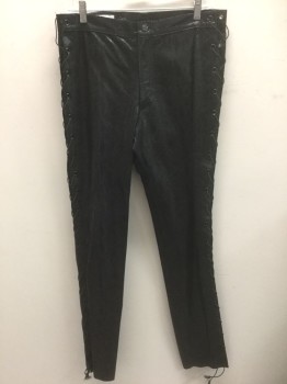 JOHN DAVID RIDGE, Black, Iridescent Black, Leather, Reptile/Snakeskin, Rock N Roll Snakeskin Pattern Leather Pants, Lace Up Sides with Black Metal Grommets and Black Laces, Zip Fly, Made To Order