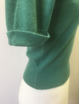 N/L, Jade Green, Wool, Solid, Knit, Short Rib Knit Cuffed Sleeves, V-neck with Collar Attached, Pullover, Fitted,