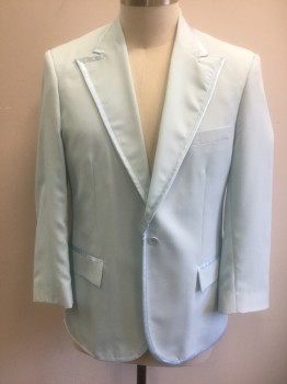DUMB AND DUMBER, Lt Blue, Polyester, Solid, Single Breasted, Wide Peaked Lapel, 1 Button, 1/2" Wide Satin Edging Trim Throughout, 3 Pockets, Reproduction/Costume of 70's/80's Corny Tuxedo Suit