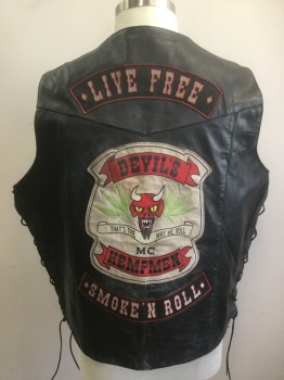 JAMMIN LEATHER, Black, Leather, Solid, Novelty Pattern, 4 Silver Snaps, 2 Pockets, Lace Up Sides, Patches of "Love Machine, 420, LTD, Live Free, Smoke 'n Roll, Modeled on a 44, Motorcycle