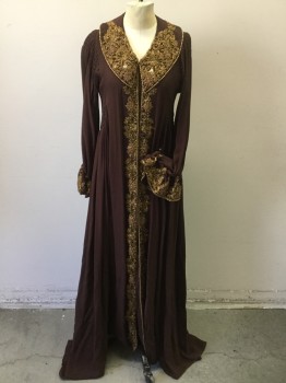 MTO, Chocolate Brown, Gold, Synthetic, Floral, Solid, Made To Order, Floral Gold Bullion on Collar/Cuffs/Center Front, Smocked Shoulders and Waist, Collar Edged with Gold Beads, Fabric Buttons and Loops Center Front, Robe