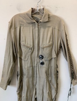 N/L MTO, Beige, Rayon, Solid, Boiler Suit/Coverall Style, Long Sleeves, Zip Front, Collar Attached, Twill Lace Up Detail at Sides and Sleeve Outseam, Silver Metal Gears at Waist, 5 Zip Pockets, Reinforced Knees, Made To Order **Missing Laces on One Sleeve