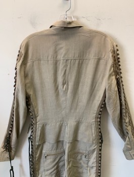 N/L MTO, Beige, Rayon, Solid, Boiler Suit/Coverall Style, Long Sleeves, Zip Front, Collar Attached, Twill Lace Up Detail at Sides and Sleeve Outseam, Silver Metal Gears at Waist, 5 Zip Pockets, Reinforced Knees, Made To Order **Missing Laces on One Sleeve