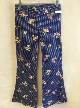 FOX 39, Navy Blue, White, Pink, Purple, Yellow, Cotton, Polka Dots, Floral, 2" Waistband with Belt Hoops, Flat Front, Zip Front, Bell Bottom